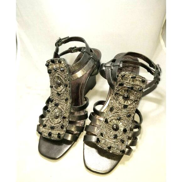 Vince Camuto women's Wedge Sandals PEWTER leather Beaded size 8B Strappy 38EU - Picture 1 of 6